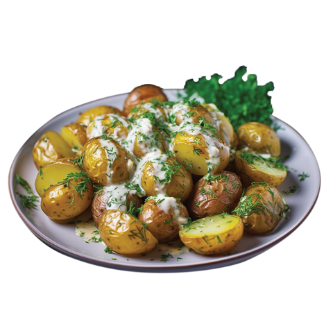 Cartofi tăvăliți cu usturoi și mărar